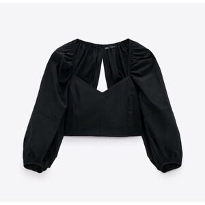 ZARA Black Puff Sleeve Square Neck Cutout Crop Top Size Small